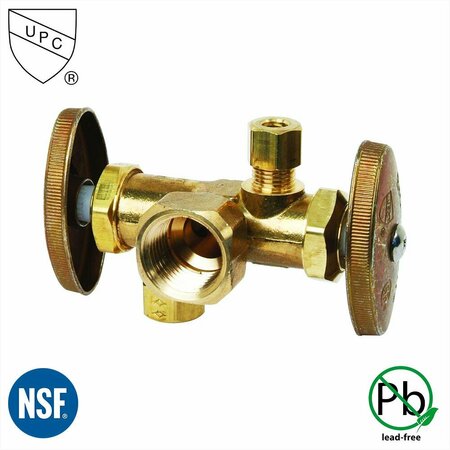 THRIFCO PLUMBING 1/2 Inch FIP x 3/8 Inch Comp x 3/8 Inch Comp Dual Outlet & Dual Shut Off Multi-Turn Angle Stop Valve 4405681